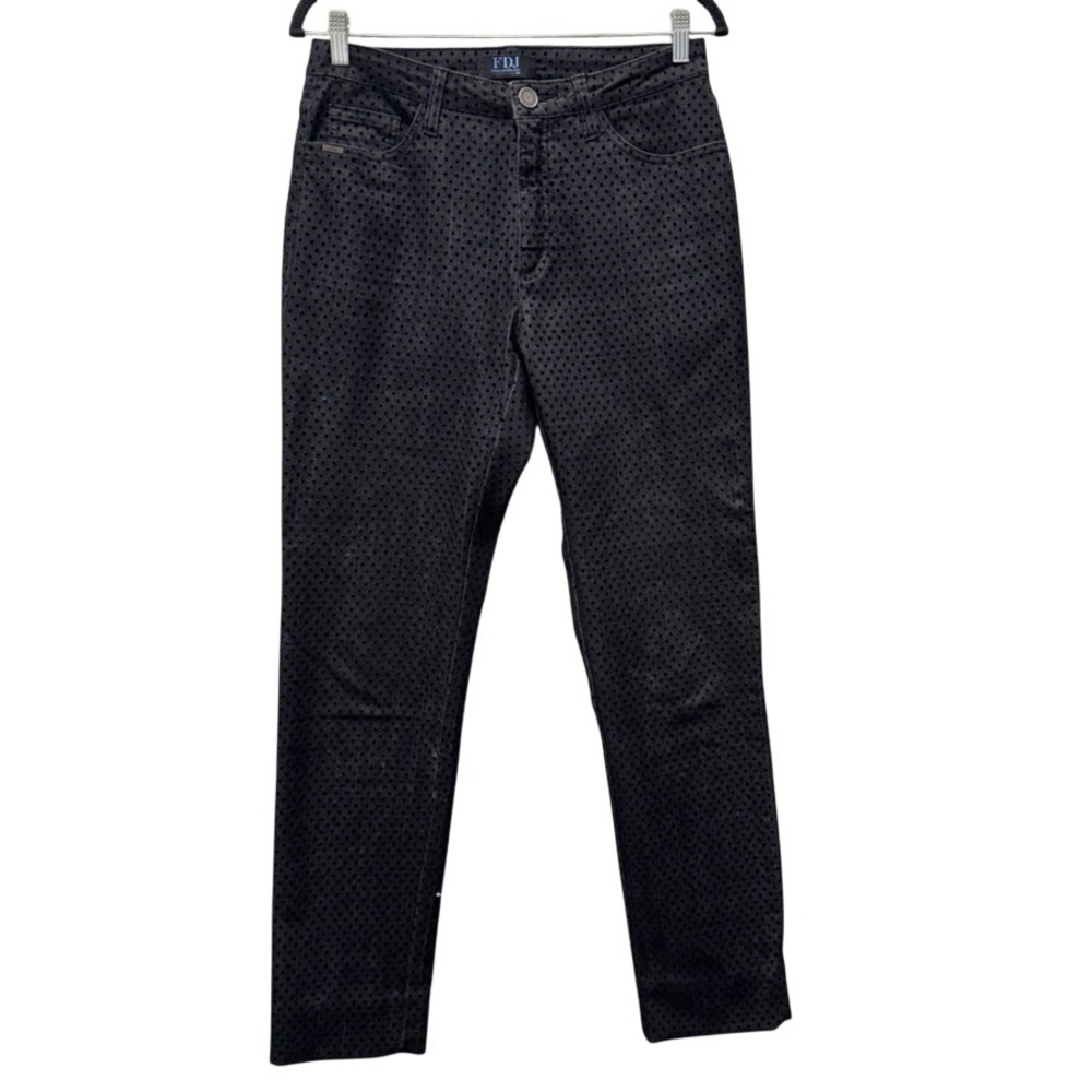 FDJ French Dressing Jeans Black Flocked Velvet Polka Dot Denim Pants Size 10